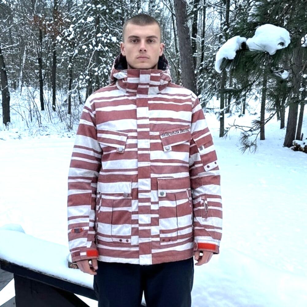 Special Blend Mens P2 Utility Jacket Snowboarding Coat Red Gray Stripe Sz Medium - Picture 1 of 16